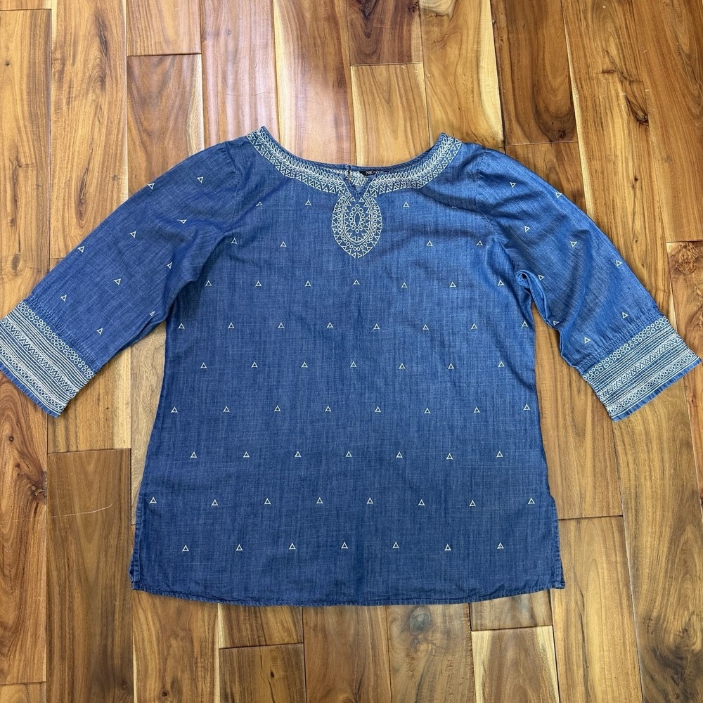 Nic+Zoe Womens Blouse Pullover Tunic Top Chambray Embroidered 3/4 Sleeve Boho XL